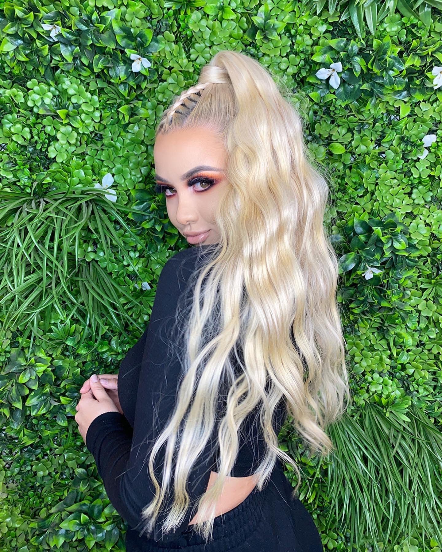 Dakota Masters wearing Deluxe Platinum Blonde Ponytail
