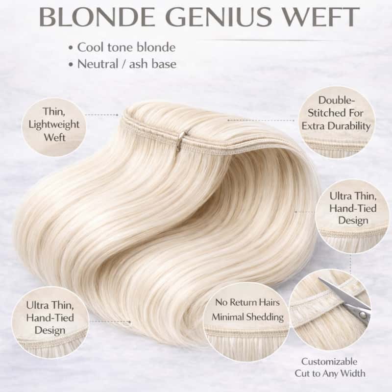 Genius Weft Hair Extensions Platinum Application Blonde hair weft with features highlighted on a light gray background