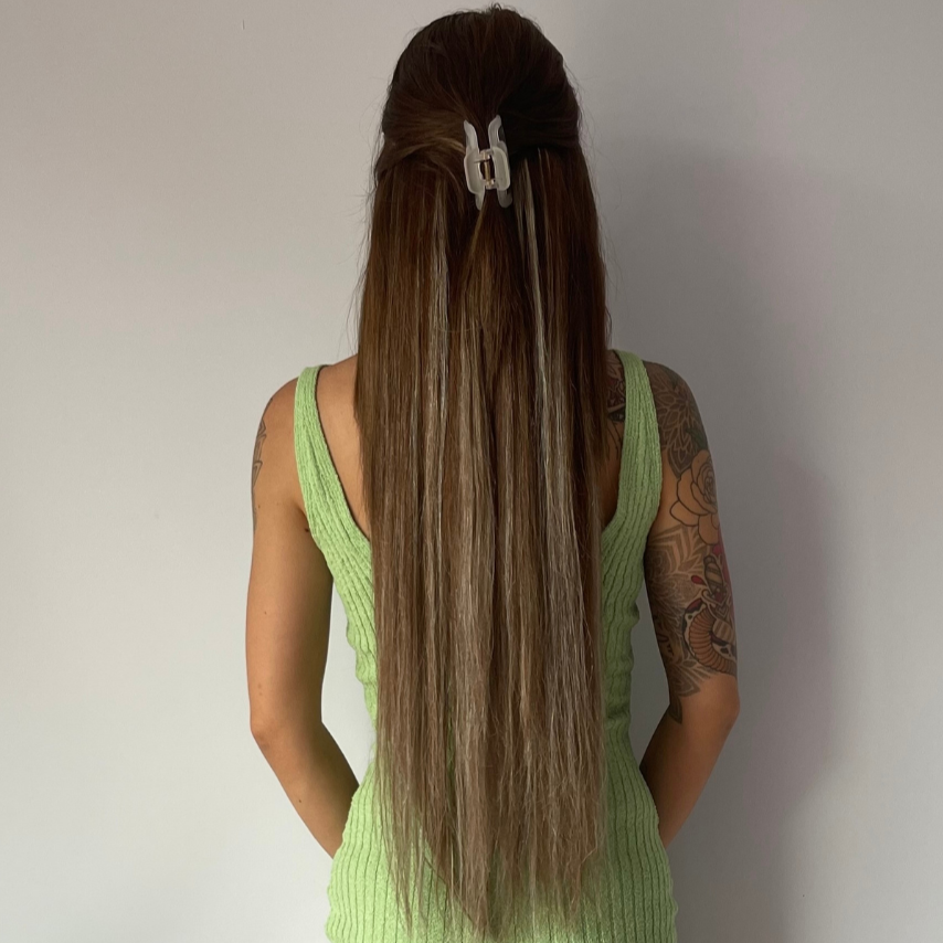 Highlighted Human Hair Extensions-Bronze Bliss Halo Hair Extensions - Kiki Hair Extensions