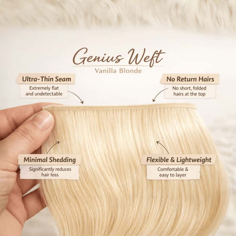 Genius Weft Vanilla Hair extensions with labeled features on a neutral background