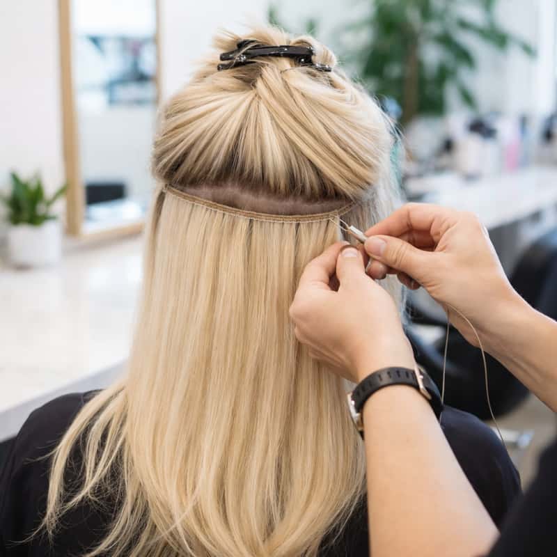Person getting a blonde hair extension added to their hair in a salon setting. Genius Weft Vanilla Application on blonde hair 
