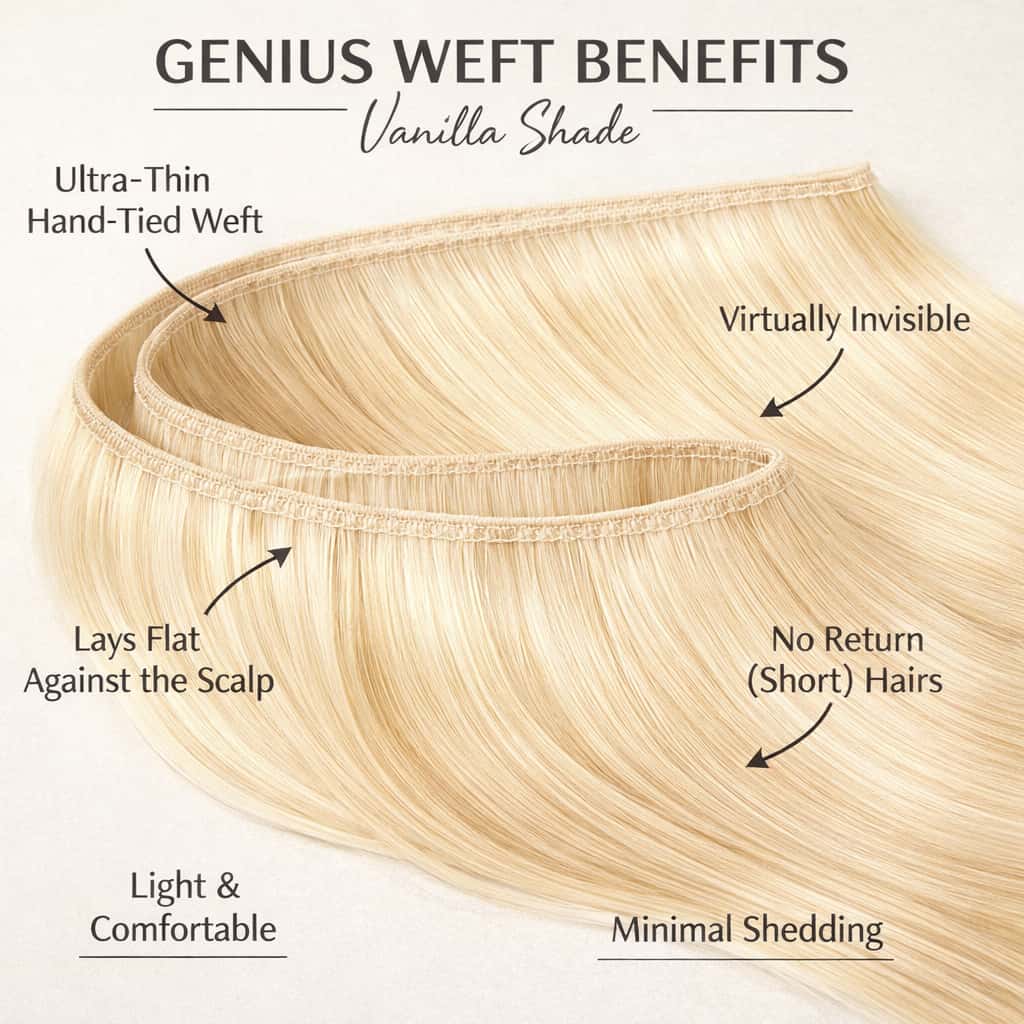 Genius Weft Vanilla Hair weft with labeled benefits on a white background